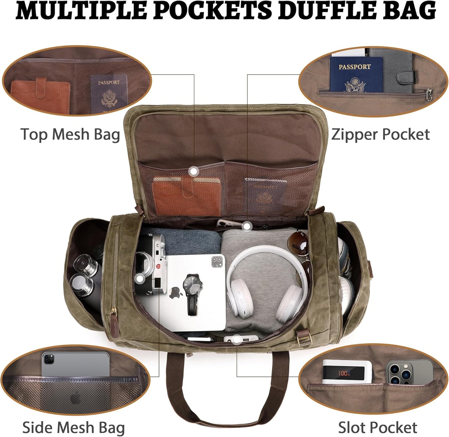 50L Duffle Bag for Men, Nomad Waxed Canvas Travel Duffel Bag Vintage Genuine Leather Travel Handbag Upgraded Weekender Overnight Backpack with Shoes Compartment (Vintage Grey)