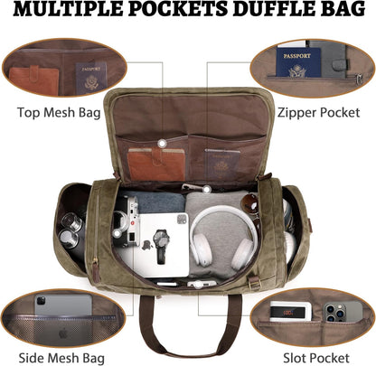 50L Duffle Bag for Men, Nomad Waxed Canvas Travel Duffel Bag Vintage Genuine Leather Travel Handbag Upgraded Weekender Overnight Backpack with Shoes Compartment (Vintage Grey)