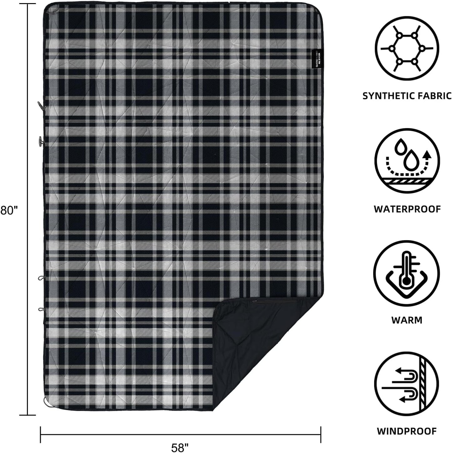 Outdoor Waterproof Blanket, Foldable Fleece Stadium Blanket for Outdoor Sports Event, Camping, Concerts, Car, Pet, Picnics - Windproof, Wearable, Machine Washable 80" x 58"