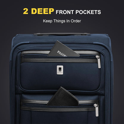 LEVEL8 Carry On Luggage Airline Approved with Compartment, Softside Expandable Rolling Suitcase with Spinner Wheels, Blue, Carry-On 20-Inch