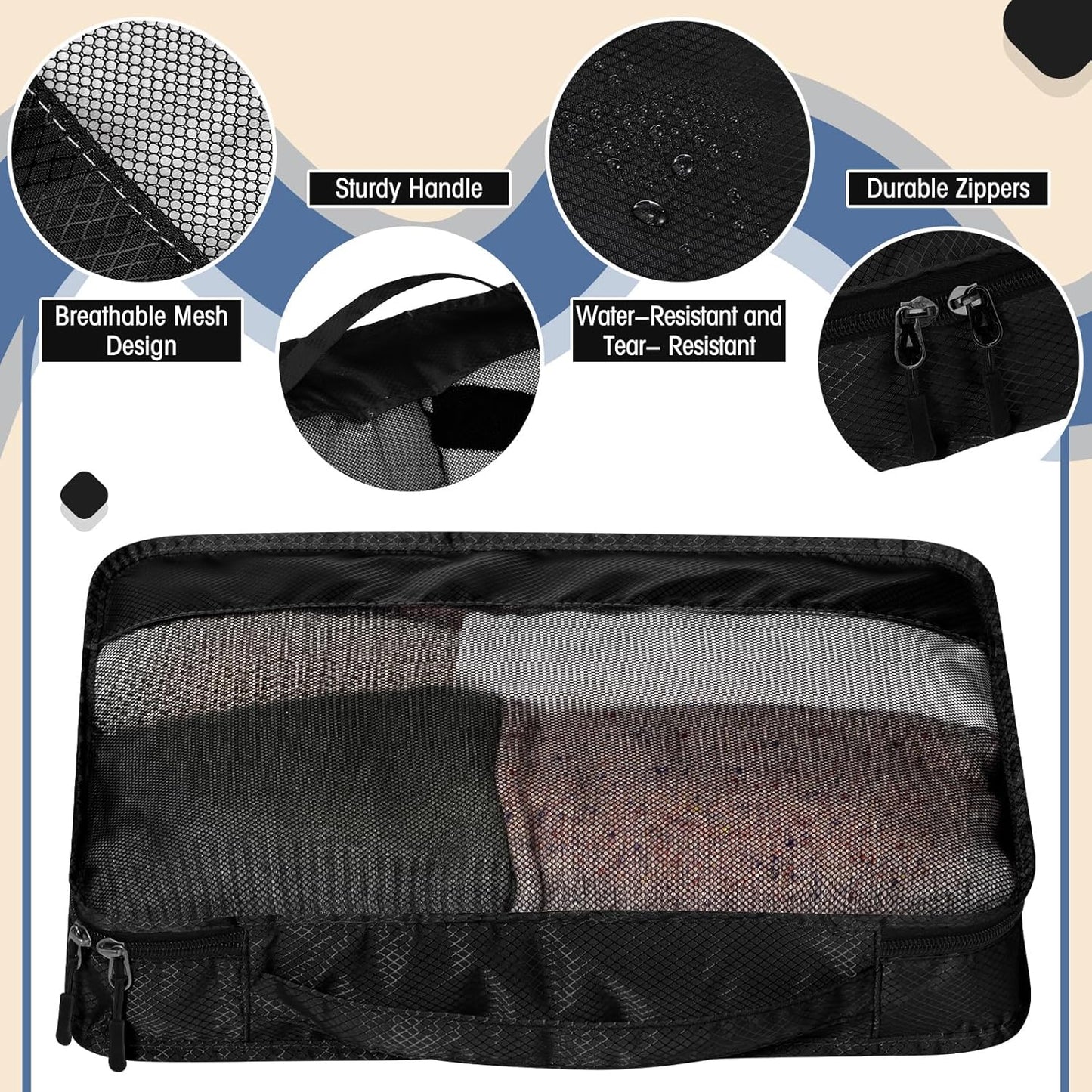 5 Pcs Packing Cubes for Suitcase Large Travel Cubes Carry on Luggage Organizer Bags for Clothes Accessories(L,Black)