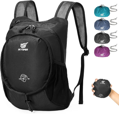 SKYSPER 15L Lightweight Small Hiking Backpack for Women Men, Foldable Travel Daypack, Packable Camping Backpack, Mini Outdoor Hiking Bag (Black)