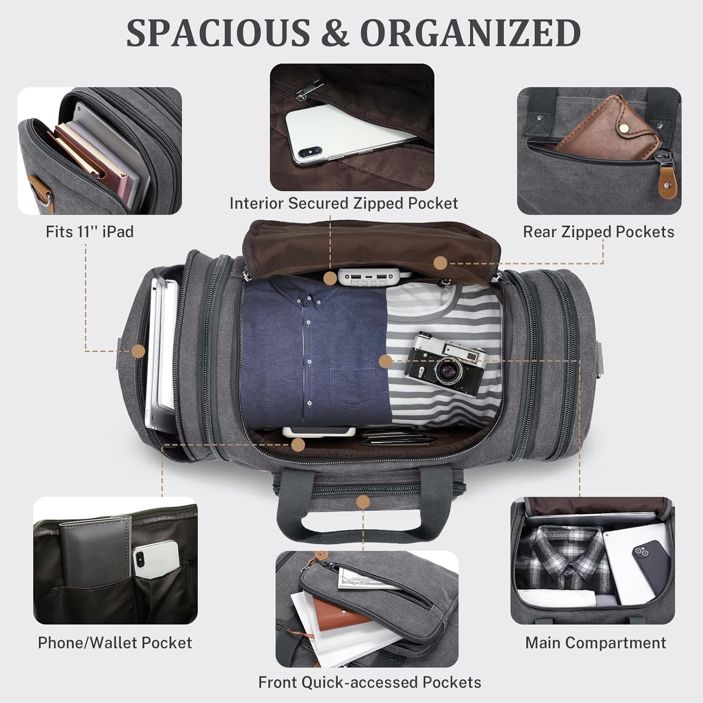 Gonex Canvas Duffle Bag for Travel, 60L Duffel Overnight Weekend Bag (Gray)