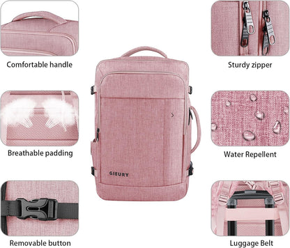 Carry On Backpack for Women, 50L Travel Backpack Flight Approved, Expandable Backpack For Airplanes, 17 Inch Laptop Backpack, Luggage Suitcase Daypack Lightweight Business Weekender Bag, Pink