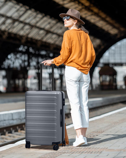 Carry on Luggage 22 X 14 X 9 Airline Approved, 20 Inch Luggage for 3-5 Days Travel, Double Spinner Wheels, 100% Hardshell PC, TSA Lock (00-Grey (Expandable), Checked 28-Inch)