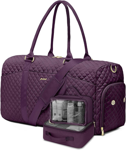 Women Duffle Weekender Travel Bag: Large Duffel Bags with Shoe Compartment Carry On Overnight Tote Bag with Wet Pocket Toiletry Bags Weekend Gym Yoga Hospital Bag for Womens Dark Purple 3Pcs Set