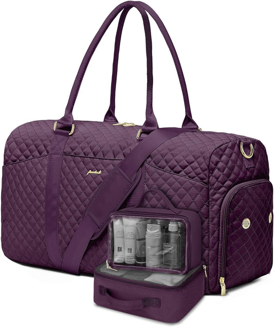 Women Duffle Weekender Travel Bag: Large Duffel Bags with Shoe Compartment Carry On Overnight Tote Bag with Wet Pocket Toiletry Bags Weekend Gym Yoga Hospital Bag for Womens Dark Purple 3Pcs Set
