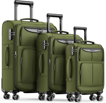 SHOWKOO Luggage Sets 3 Piece Softside Expandable Lightweight Durable Suitcase Sets Double Spinner Wheels TSA Lock Olive Green (20in/24in/28in)