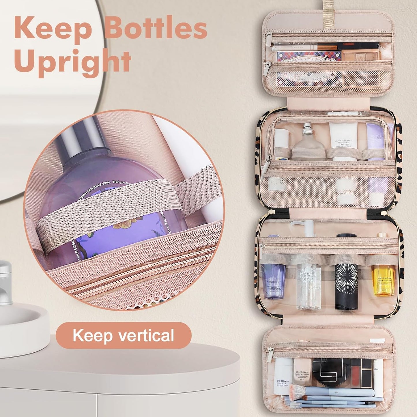 Wedama Toiletry Bag for Women, Medium Cosmetic Travel Bag, Hanging Toiletry Bag for Bathroom, PVC Waterproof Makeup Bag, Toiletries Bag for Travel Business Trips and Camping, Leopard Print