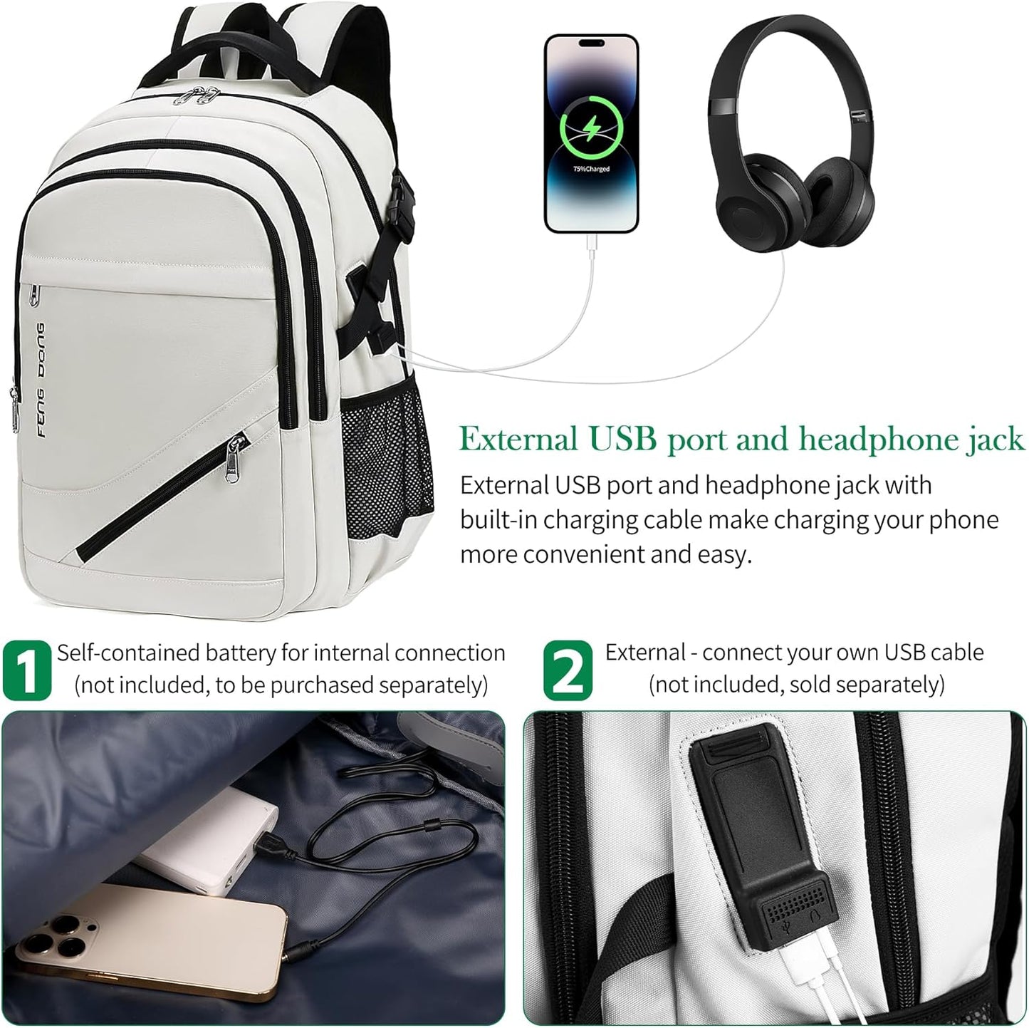 FENGDONG 17.3 inch Large Laptop Backpack Durable Waterproof Travel College Backpack Bookbag for Men & Women Business Backpack with USB Charging Port,Headset Port Beige