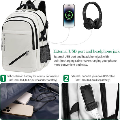 FENGDONG 17.3 inch Large Laptop Backpack Durable Waterproof Travel College Backpack Bookbag for Men & Women Business Backpack with USB Charging Port,Headset Port Beige