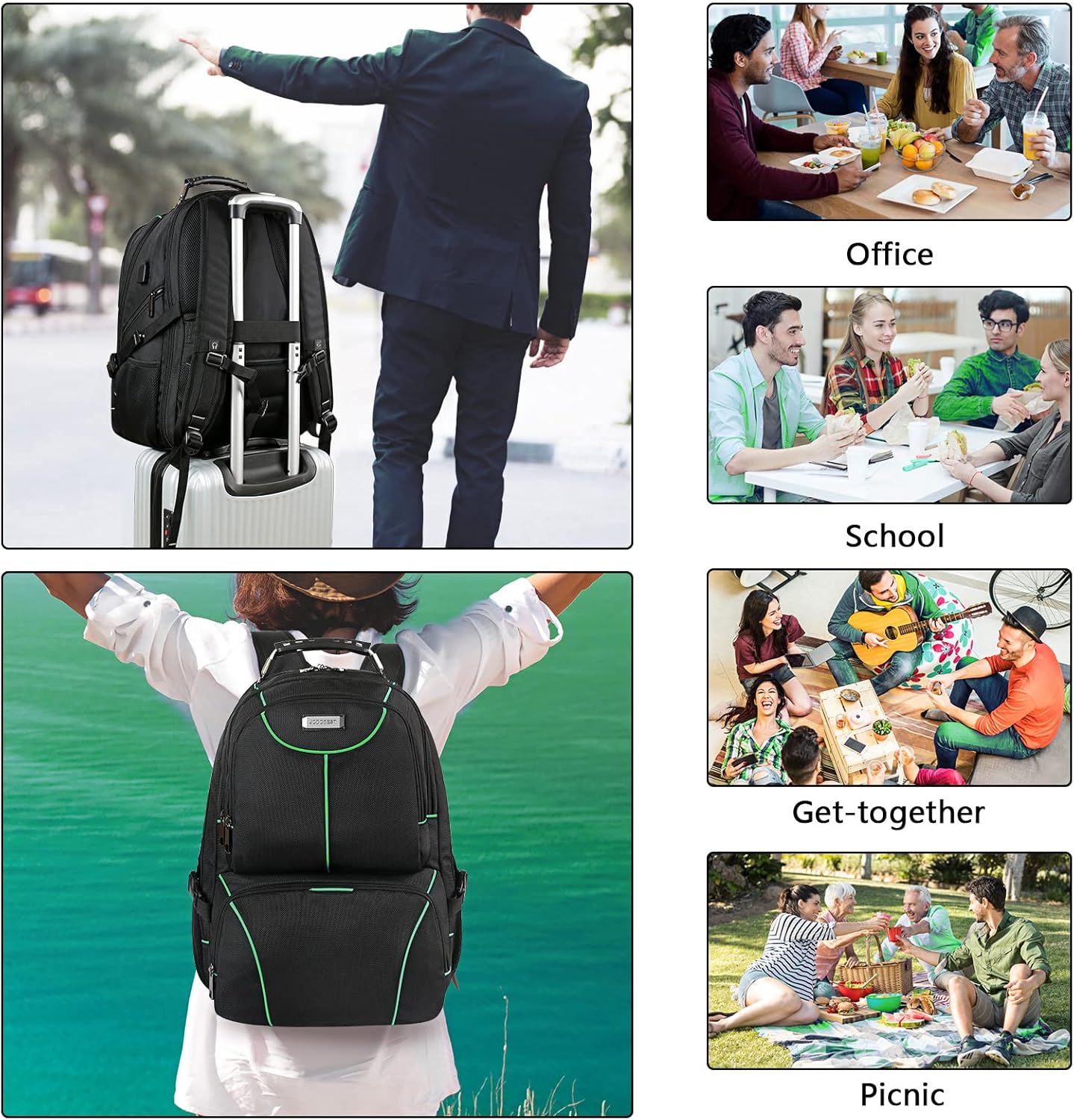 VECKUSON Laptop Backpack, 15.6 Inches, Green, Unisex, Waterproof, USB Charging Port, Insulated, TSA Approved, Anti-Theft, Durable Polyester Nylon Fabric