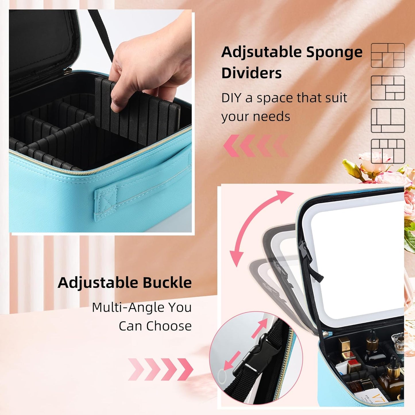 Travel Makeup Bag with LED Mirror – Waterproof Cosmetic Train Case with Adjustable Dividers, Portable Makeup Organizer and Toiletry Bag for Women, Teens & Girls Gift, Blue