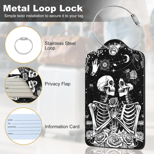 2Pack Luggage Tags for Suitcases, Cute Unique Pu Leather Cruise Luggage Tag with Privacy Cover ID Label Address Card and Metal Ring Suitable for Women Men Kids Travel Bag Skeletons and Flowers