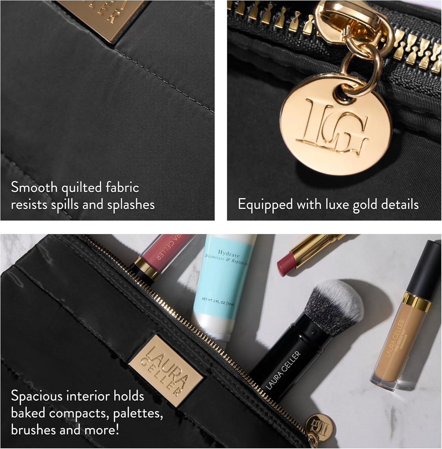 LAURA GELLER NEW YORK Quilted Makeup Bag, Black - Toiletry Bag Organizer for Travel - Large Capacity Full Size Makeup Bag - Easy to Clean