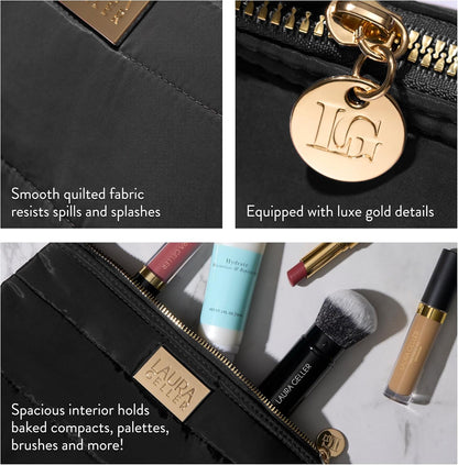 LAURA GELLER NEW YORK Quilted Makeup Bag, Black - Toiletry Bag Organizer for Travel - Large Capacity Full Size Makeup Bag - Easy to Clean