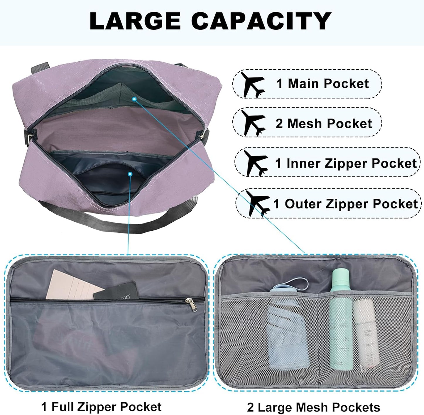 Foldable Carry on Luggage Bag 22x14x9 Personal Item Bag for Airplanes Travel Duffel Bag for Women and Men (40L, Purple)