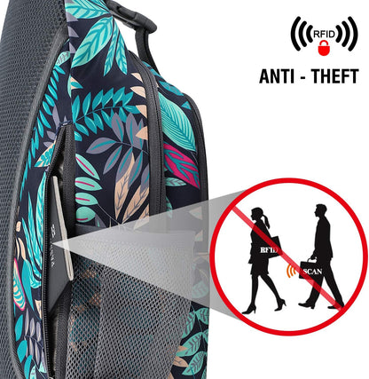 G4Free Sling Bag RFID Blocking Sling Backpack Crossbody Chest Bag Daypack for Hiking Travel(Blue Leaf)