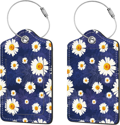 2 Pcs Luggage Tags for Suitcase, Cute Unique PU Leather Travel Bag Tag with Privacy Cover ID Label Address Card and Durable Metal Ring Suitable for Men Women Children Backpack,White Daisy