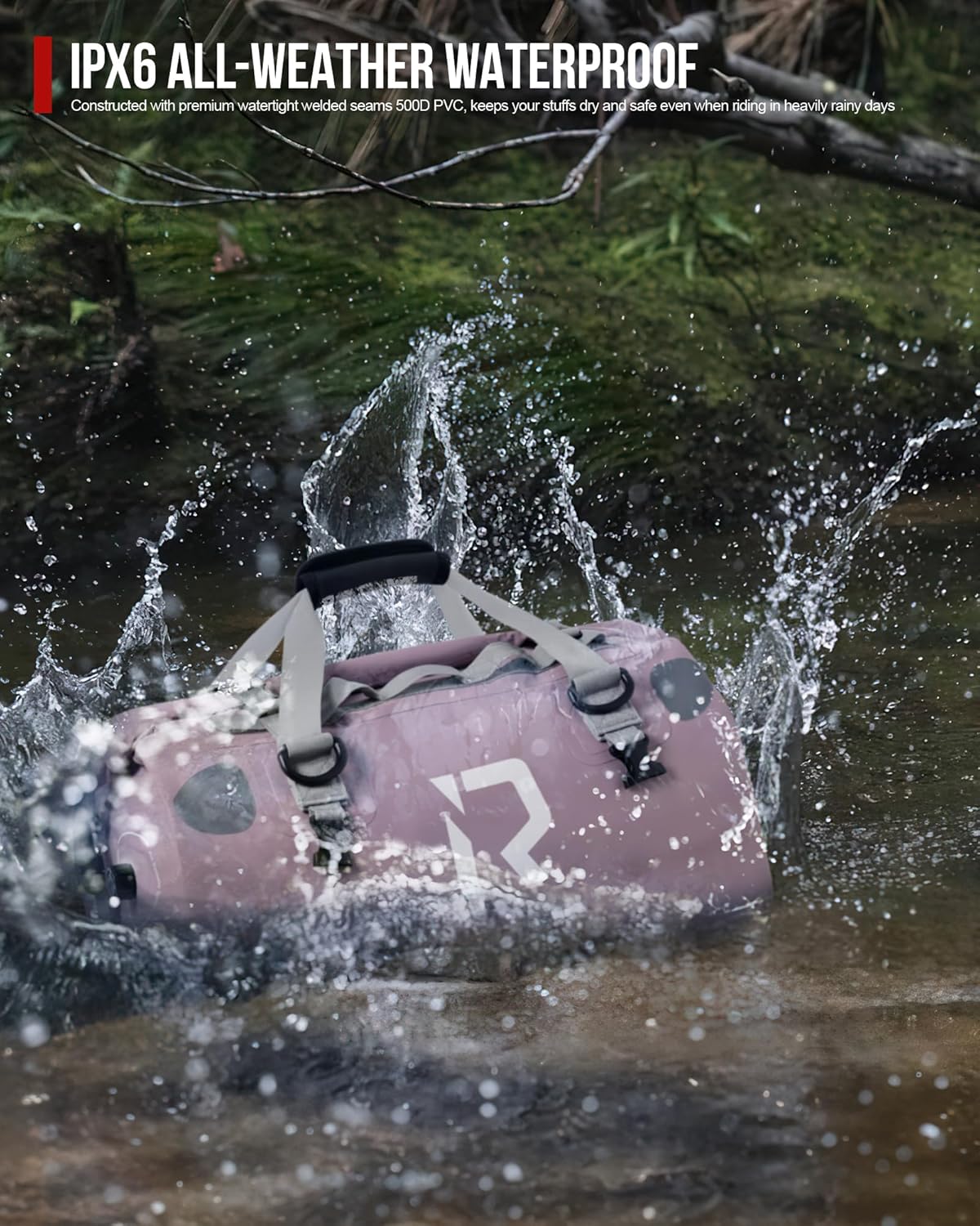 IRON JIA'S Motorcycle Dry Bag - Waterproof Duffle & Luggage Tail Bag Saddle Bags with Roll Top Closure, Shoulder Straps, Inner Pocket and Mesh Pocket (Purple, 30L)