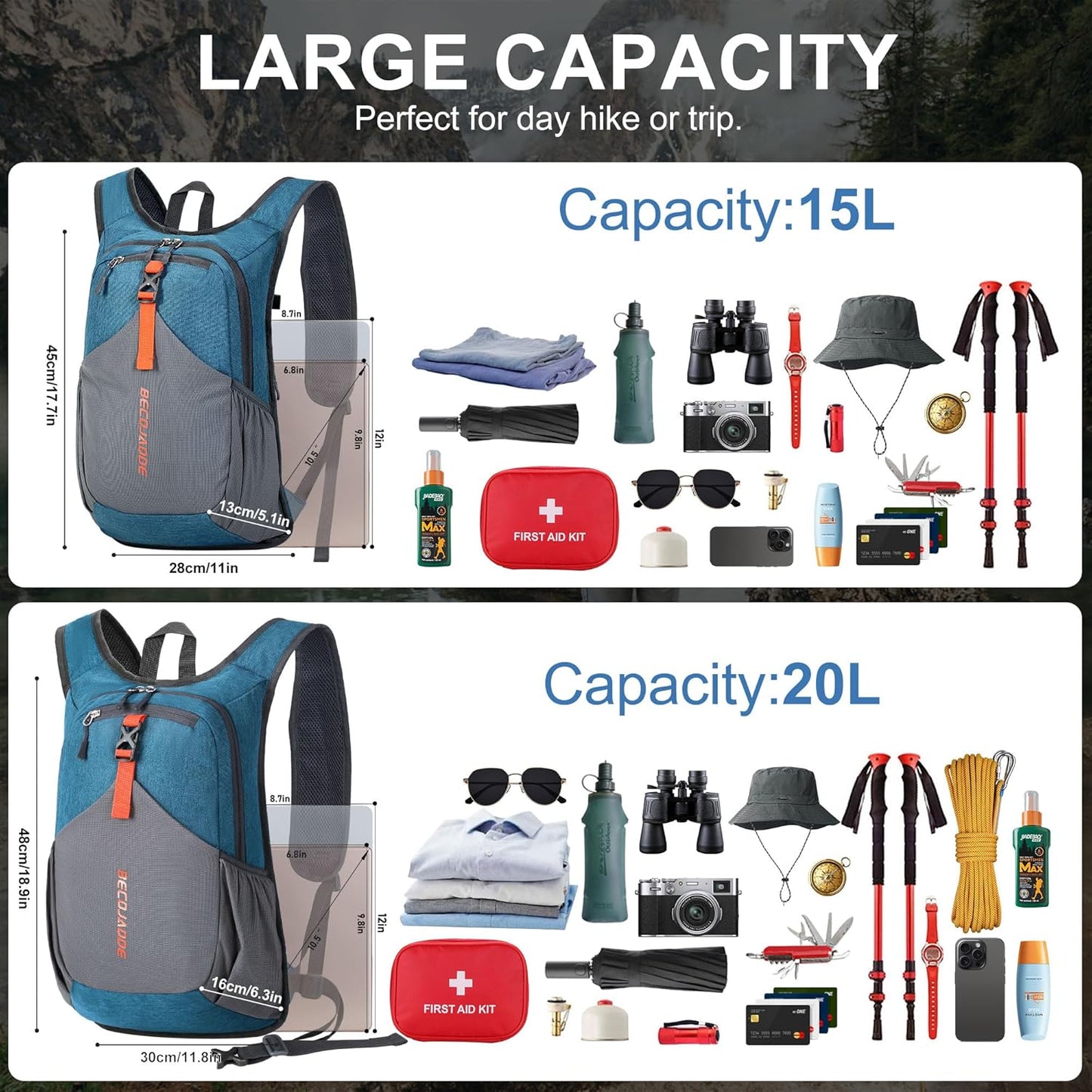 15L Small Hiking Backpack for Men Women Foldable Packable Back Pack Ultralight Hiking Daypack for Travel Camping Outdoor, Turquoise