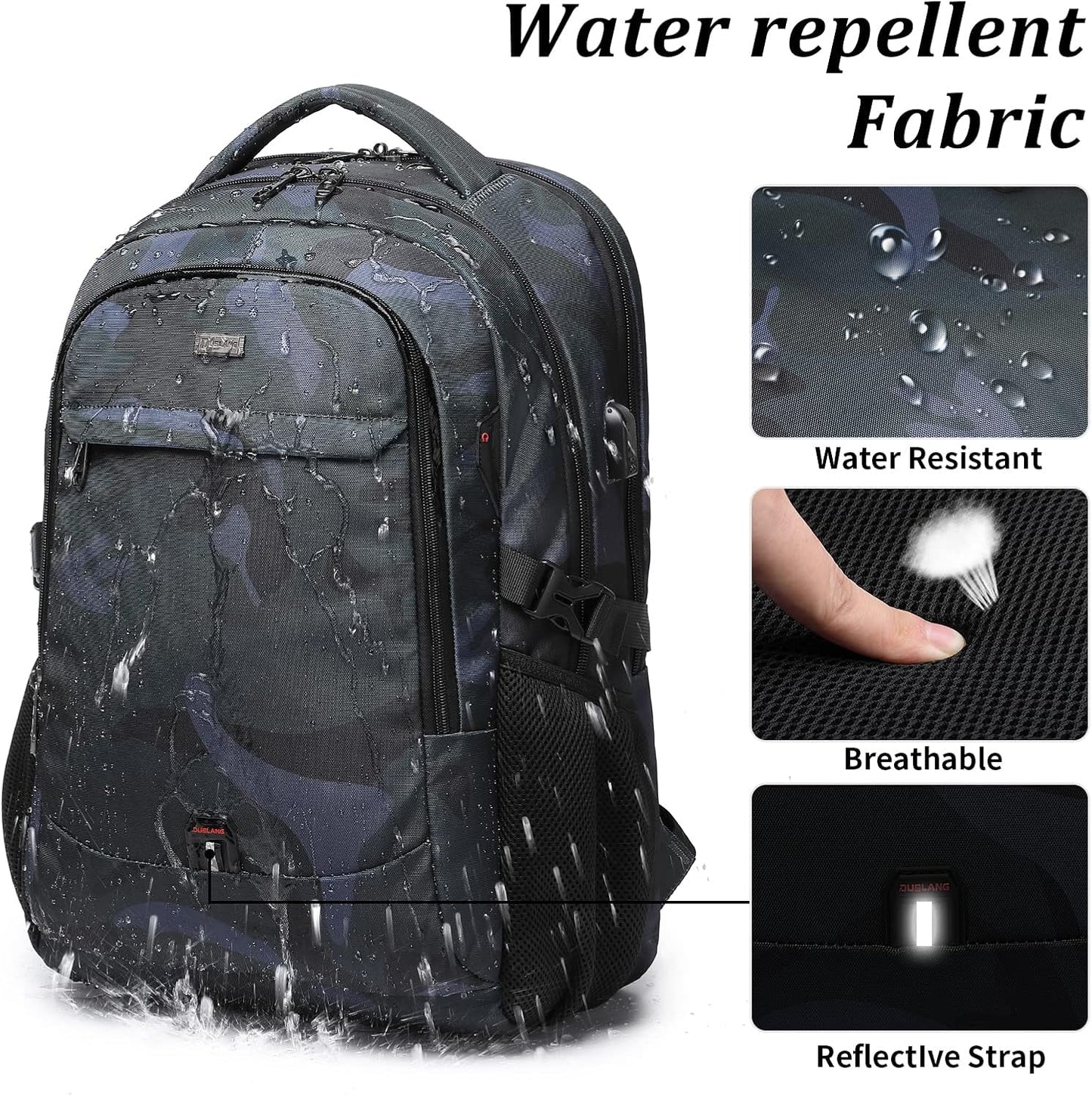 DUSLANG 17 Inch Travel Laptop Backpack Water Resistant Hiking Backpack for Men Laptop Bag with USB Charging Port,Camouflage green