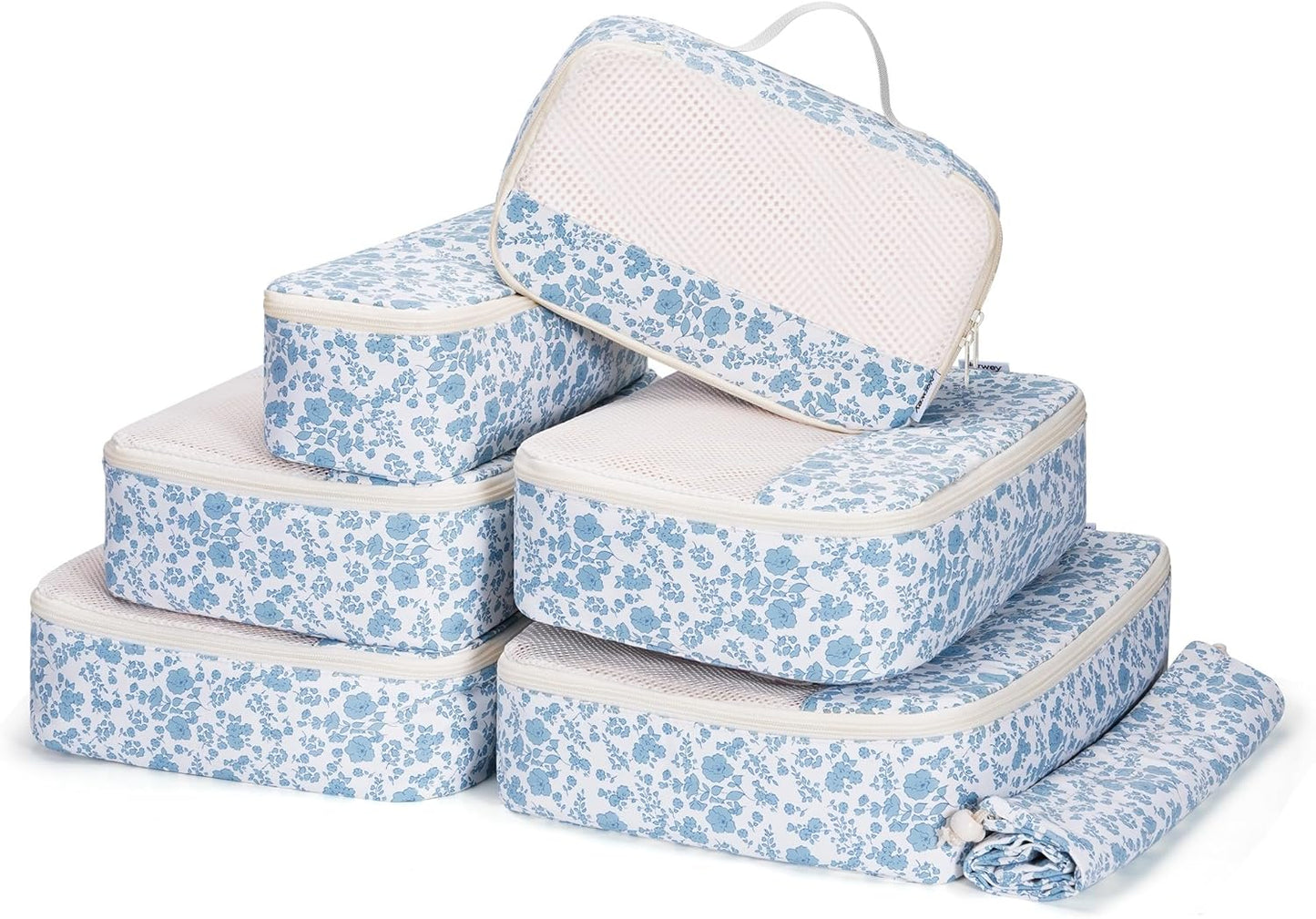 Narwey 7 Set Floral Packing Cubes for Travel Carry on Suitcase Luggage Organizer Bags for Kids Women Men, Durable Packing Organizers Bag, Travel Essentials Accessories (Little Blue Flower)