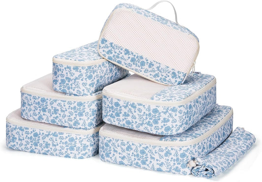 Narwey 7 Set Floral Packing Cubes for Travel Carry on Suitcase Luggage Organizer Bags for Kids Women Men, Durable Packing Organizers Bag, Travel Essentials Accessories (Little Blue Flower)