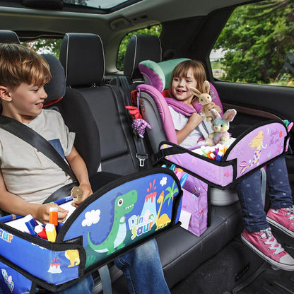 2PCS Kids Travel Tray for Airplane - Toddler Car Seat Table Tray, Road Trip Essentials for Boys & Girls, Carseat Lap Desk for Kids Road Trip Activities (Blue Dinosaur/Purple Mermaid)