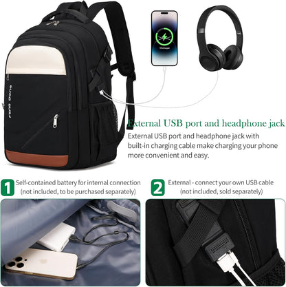 FENGDONG 17.3 inch Large Laptop Backpack Travel College Backpack Waterproof Bookbag for Men & Women Business Backpack with USB Charging Port and Headset Port Black White