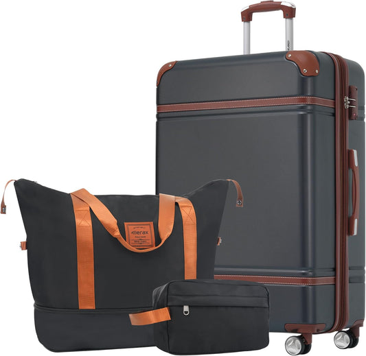 Merax Suitcase Set 28 inches Expandable Luggage with TSA Lock Spinner Wheels Hardshell Lightweight Vintage Luggage with Travel Bag,Black