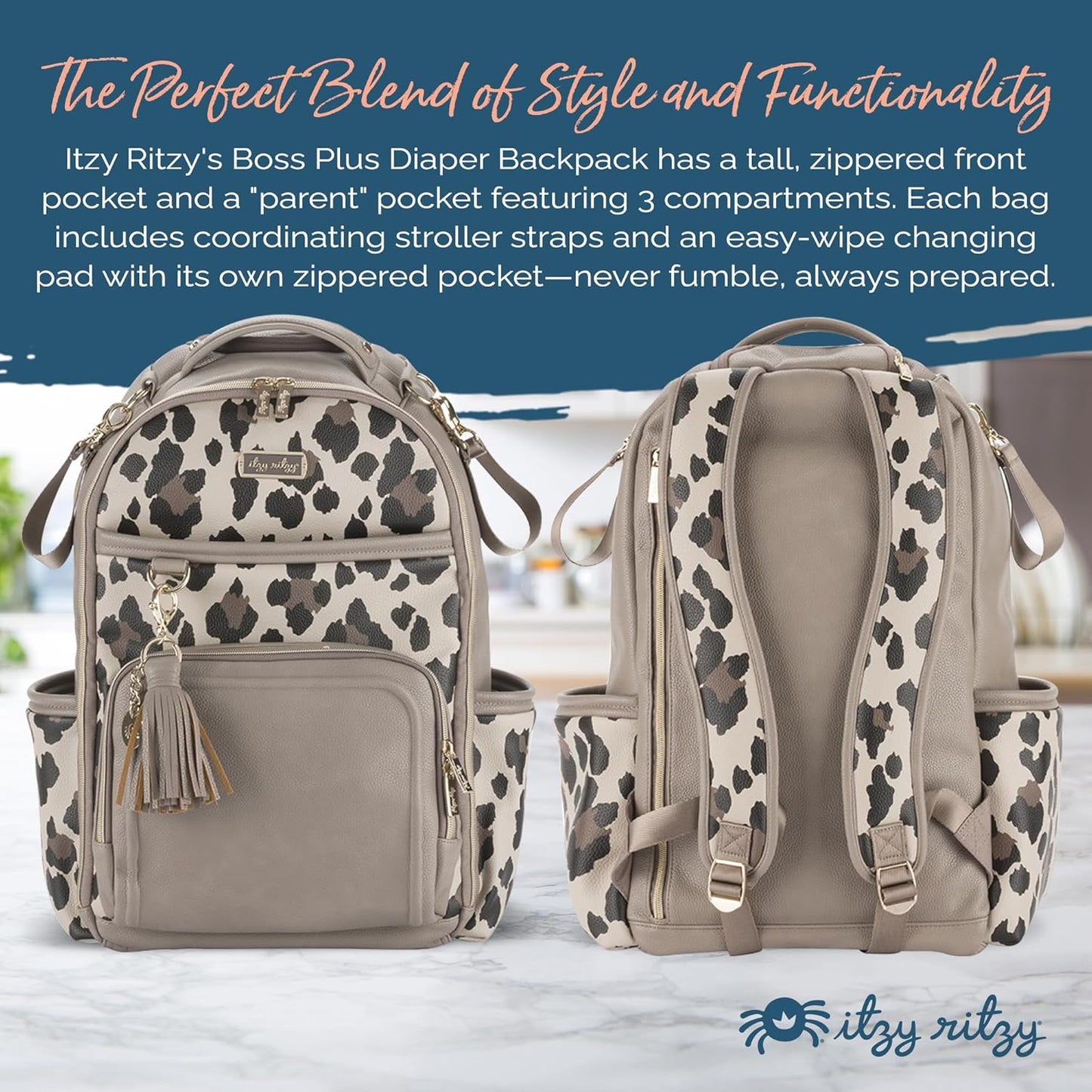 Itzy Ritzy Diaper Bag Backpack – Large Capacity Boss Plus Baby Backpack Diaper Bag Featuring 19 Pockets, Changing Pad, Stroller Clips, and Comfortable Straps (Leopard)
