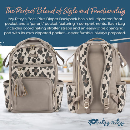 Itzy Ritzy Diaper Bag Backpack – Large Capacity Boss Plus Baby Backpack Diaper Bag Featuring 19 Pockets, Changing Pad, Stroller Clips, and Comfortable Straps (Leopard)
