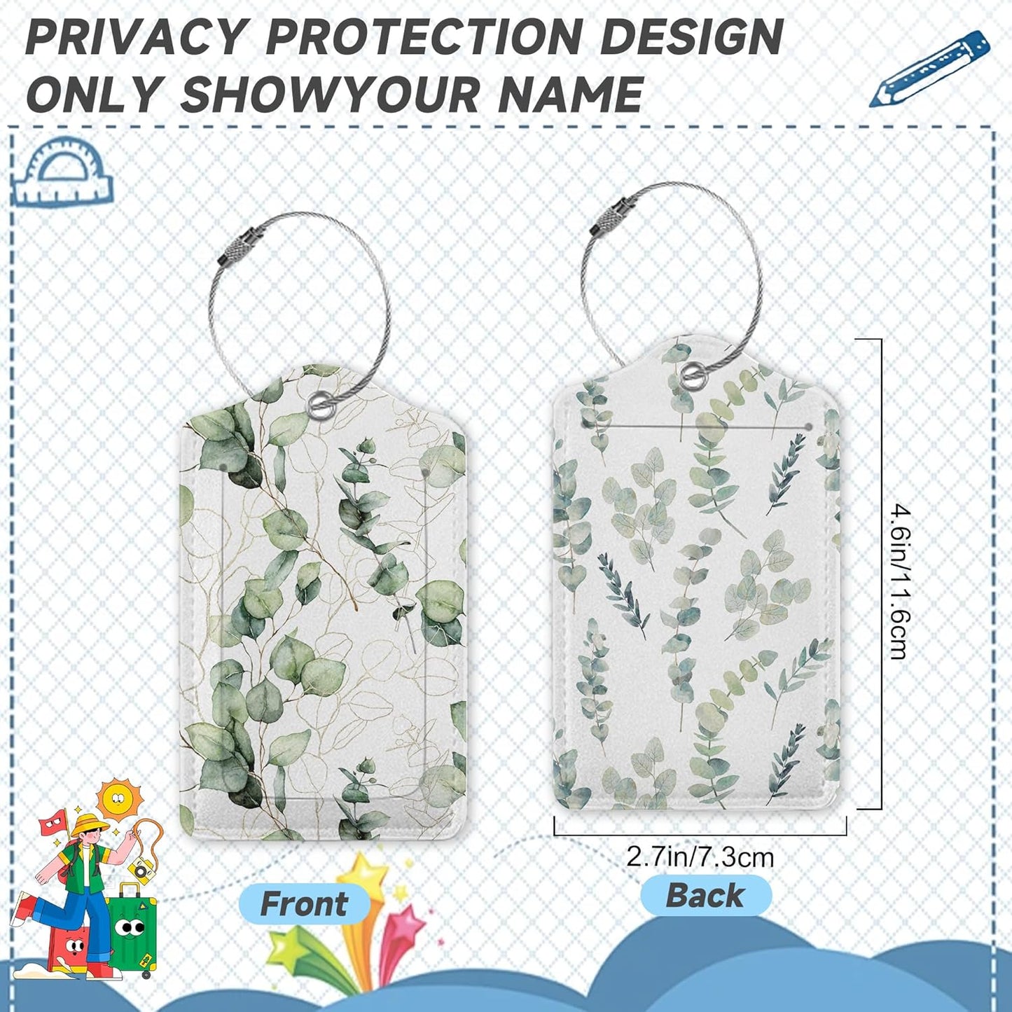 2 Pack Leather Luggage Tag for Suitcase Green White Eucalyptus Leaves Unique Travel Tags with Privacy Cover ID Label & Stainless Steel Loop for Men and Women Baggage