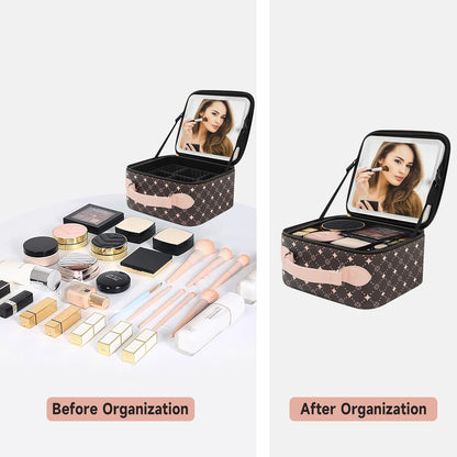 Travel Makeup Bag With 360° rotating LED Mirror,Waterproof cosmetic organizer,Portability Cosmetic case,Makeup organizer,Gift for Women,Girls Gift (Coffee + Pink)