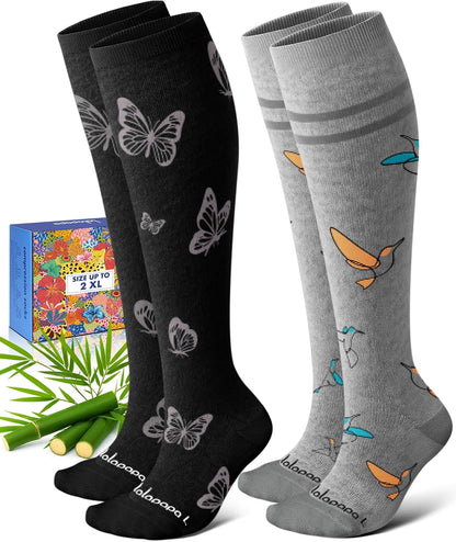 Bamboo Viscose Compression Socks for Women Men 2 Pairs 15-20mmHg Knee High Compression Socks Travel Nurse