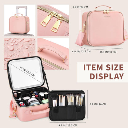 Travel Makeup Bag Cosmetic Organizer Bag with Lighted Mirror, Waterproof Makeup Bag with Light Up Mirror, Travel Makeup Case for Cosmetic Brush Holder Storage, Large Toiletry Bag Women Gift