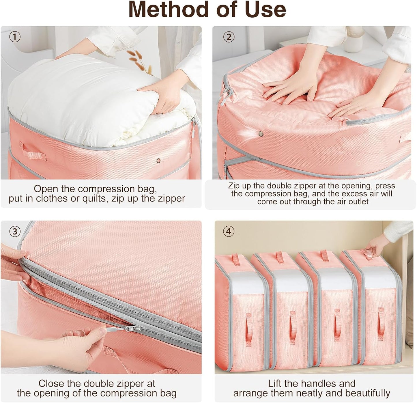 6 Pack Compression Storage Bags - 110L Large Capacity Comforter Storage Bag, 3-Layer Washable Ultra Space Saving Self Compression Organizer Space Bags for Blankets, Sweaters, Sheets, Pink