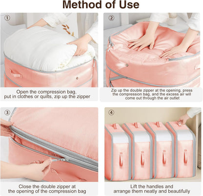 6 Pack Compression Storage Bags - 110L Large Capacity Comforter Storage Bag, 3-Layer Washable Ultra Space Saving Self Compression Organizer Space Bags for Blankets, Sweaters, Sheets, Pink