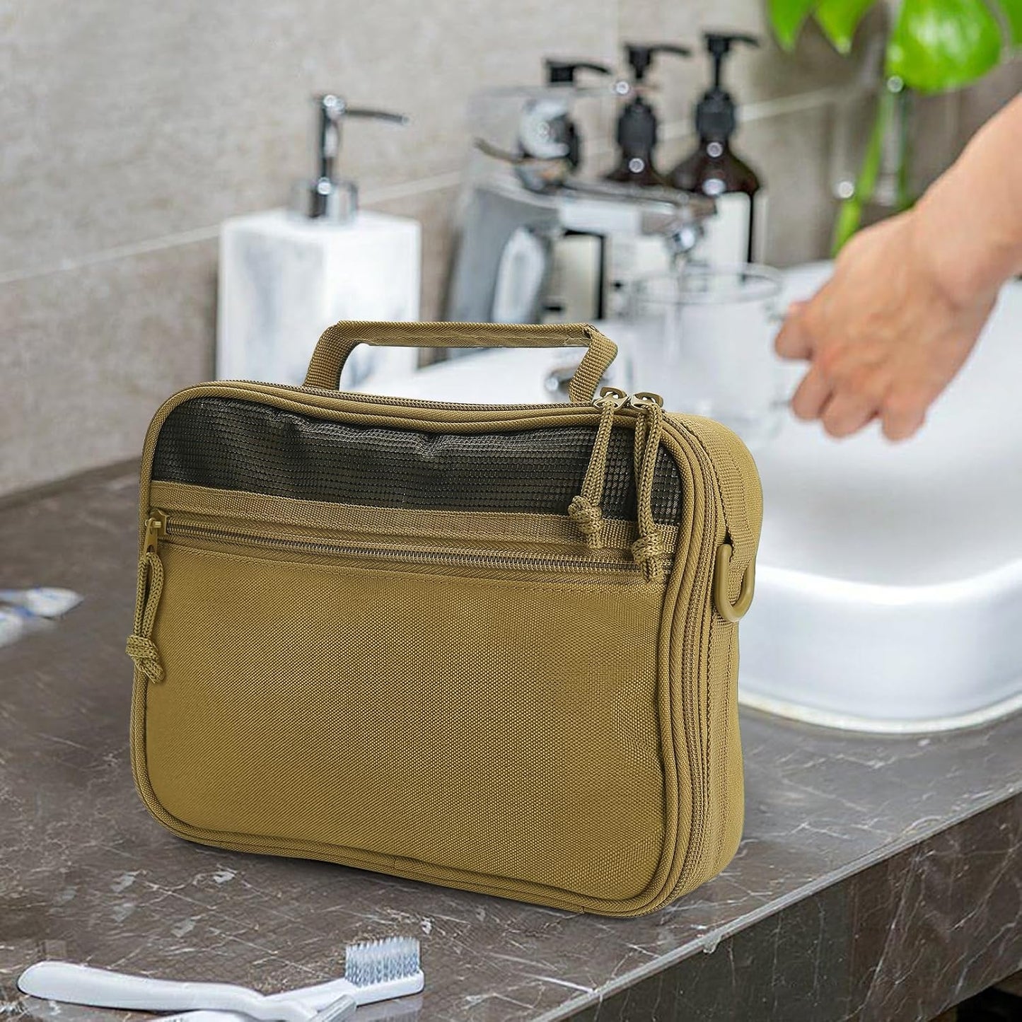 Toiletry Bag for Men Travel, Men's Hanging Toiletry Bag, Portable Dopp Kit Organizer with Hook - Shaving Bag, Tactical Travel Essentials Khaki（No molle）