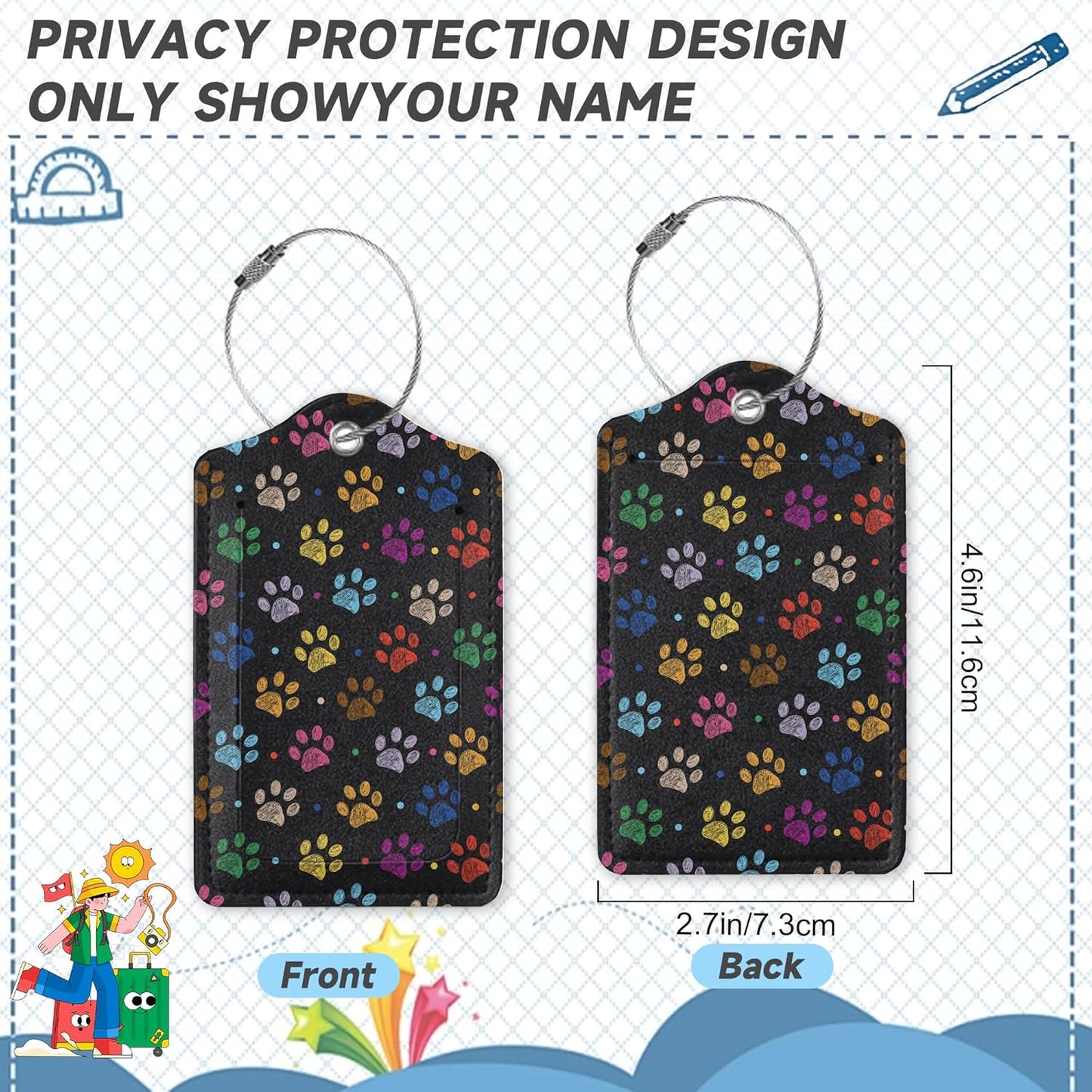 Colorful Paw Print Luggage Tags for Suitcases,2 PackTropical Luggage Tag,Leather Stainless Steel Loop Label Tag for Women Men Girls Travel Bag Suitcase