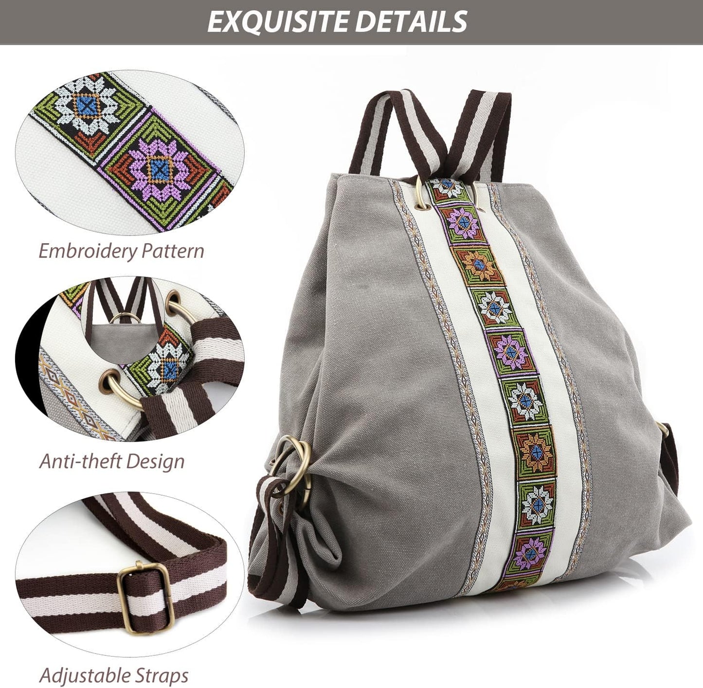 Goodhan Women Canvas Backpack Daypack Casual Shoulder Bag, Vintage Heavy-duty Anti-theft Travel Backpack, Light Grey