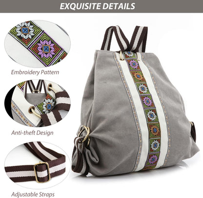Goodhan Women Canvas Backpack Daypack Casual Shoulder Bag, Vintage Heavy-duty Anti-theft Travel Backpack, Light Grey