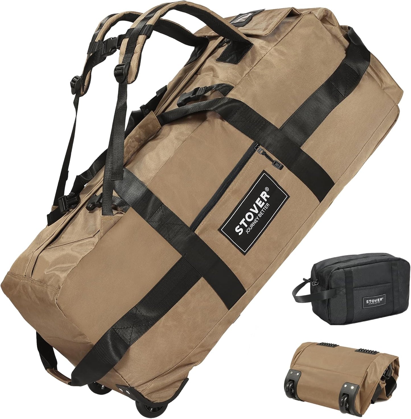 STOVER 80L Rolling Duffel Bag with Wheels, Large 31 Inch Durable Travel Duffle Bag + Toiletry Bag, Heavy Duty, Packable, Foldable w/Shoulder Straps- Use as Luggage or Backpack, Men/Women (Tan)