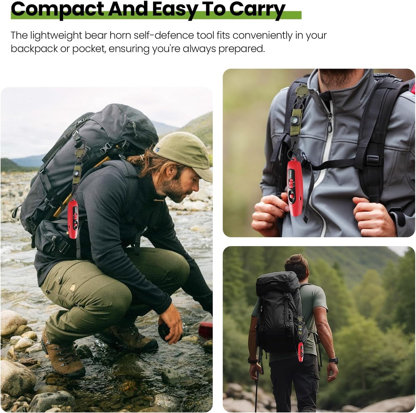 UNIWA Electronic Air Bear Horn, 120±5 dB Loud Air Horn for Safety Hiking Camping Emergency Whistle with Compass, Bear Horn to Scare Bears - Self Defense for Hiking -Red