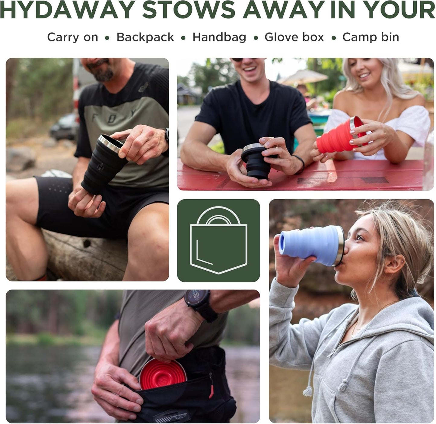 HYDAWAY 16oz Collapsible Pint - BPA-Free Silicone Cup with Stainless Steel Rim - Reusable, Packable, and Durable for Camping, Travel & Everyday Use