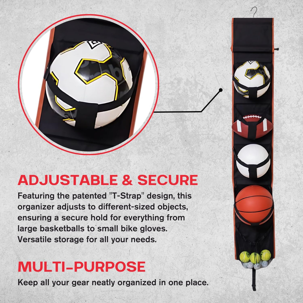 Vintage Hanging Sports Equipment Organizer | Limited Stock | Multi-Purpose Garage Sports Ball Storage | For Basketball Football Volleyball Tennis Soccer Biking | Toy Storage | Includes Hook & Pump