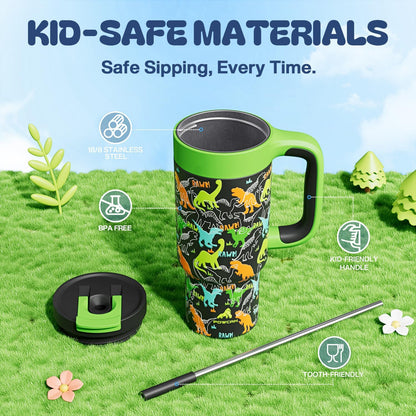 24 oz Kids Tumbler with Straw for Boys: Leakproof, Cold for 26 Hrs, Hot for 10 Hrs, Durable Handle, Insulated Stainless Steel Cup for Daycare, School, Classroom, Playtime, Birthday, Gift (Dino Rawr）