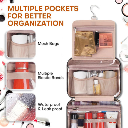 Hanging Toiletry Bag for Women Travel, 2 Sizes Large & Small Waterproof Cosmetic Organizer with 4 Compartments, Rotating Hook, Foldable Pink Travel Bag for Toiletries & Makeup - Medium Black