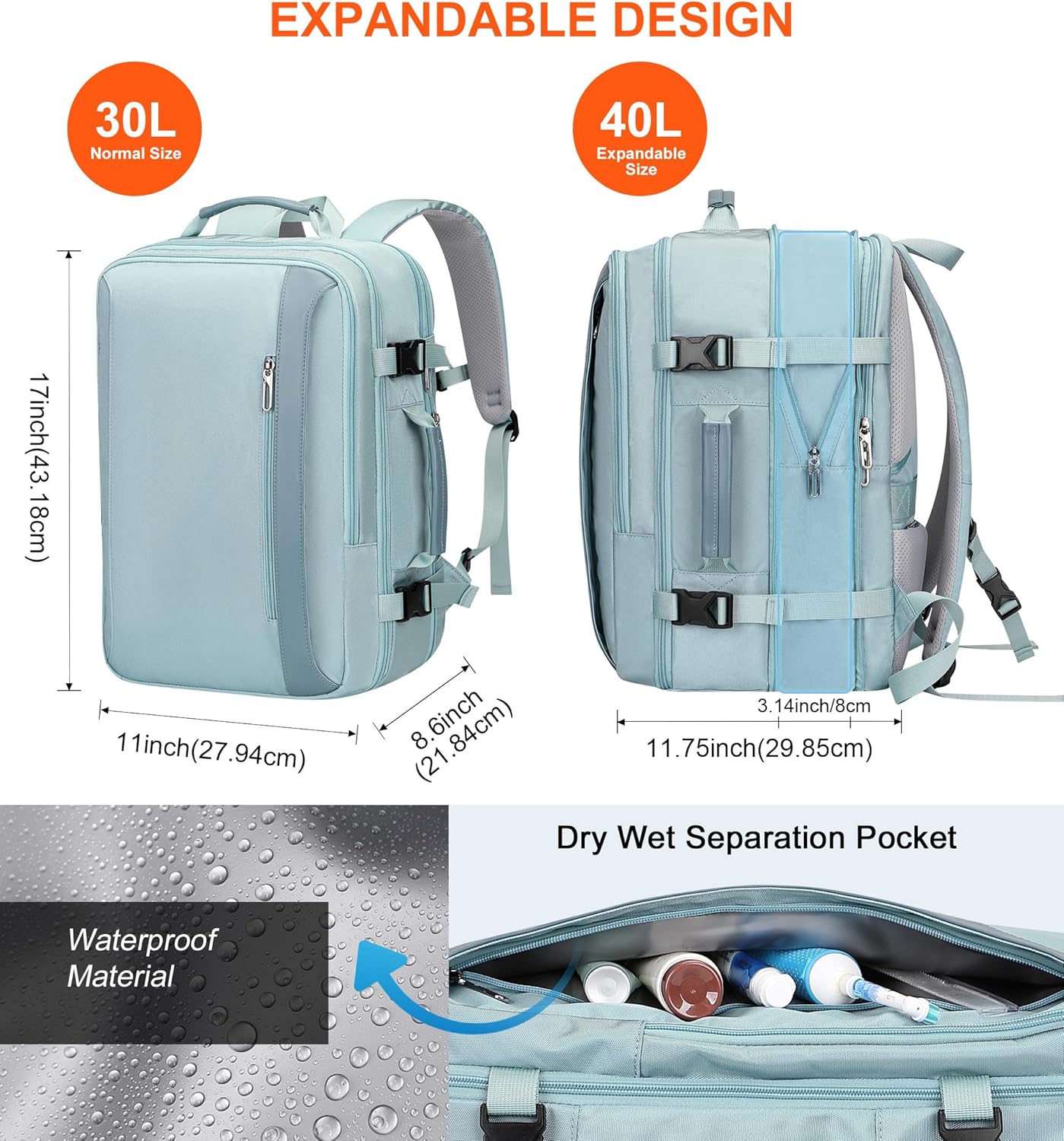 PIJUSHI Travel Backpack for Women Expandable Carry on Luggage Backpack Airline Approved Personal Item Laptop Bag(PE034 Blue)